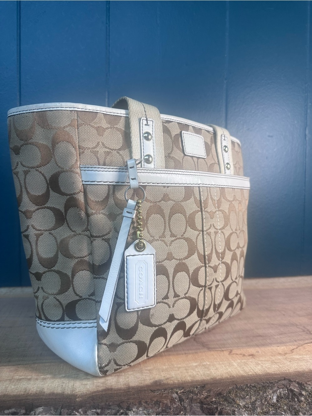 Coach Hamptons Weekend 8679 Signature Jacquard Tote Bag White Leather Y2K